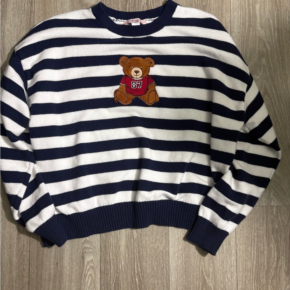 Navy and White Striped Sweater with Bear Motif